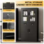 180 cm kovová úložná skrinka so zámkom, 2 nastaviteľné police a 2 zásuvky